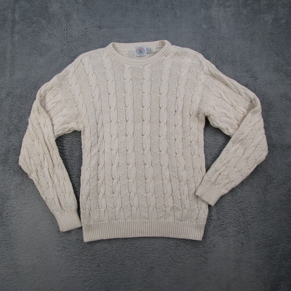 Cape Isle Knitters Mens Cream Cable Knit Cotton Crewneck Sweater Made in USA M